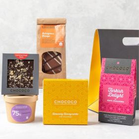 Build your own chocolate hamper handcrafted by Chococo. Select, slab, mini bar, button, a box of chocolate & Cluster  