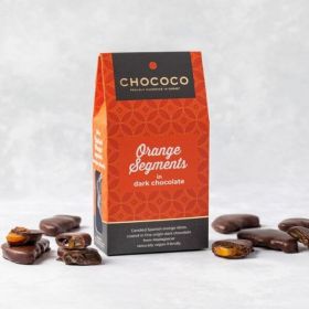 A box of candied orange segments covered in dark chocolate handcrafted by Chococo 