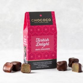 A box of Rose & Lemon Turkish Delight pieces covered in Dark Chocolate  by Chococo 