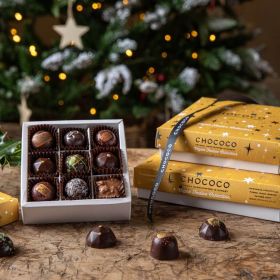 vegan festive collection boxes stacked on top of each other by Chococo 