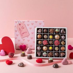 a box of 25 handcrafted valentine chocolates by Chococo