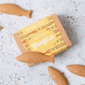 A box of fish shapes made from gold chocolate by Chococo proudly handcrafted in DOrset 