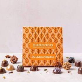A chococo autumn collection selection box with 16 handcrafted chocolates 