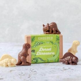 milk, white & dark chocolate dinosaur shapes by Chococo proudly handcrafted in Dorset