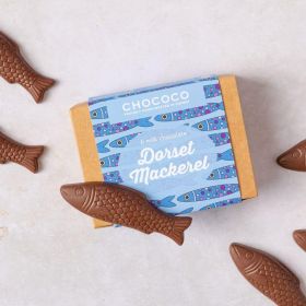 milk chocolate Dorset mackerel fish shapes by Chococo on kraft box 