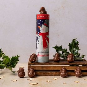 milk chocolate snowmen handcrafted in Dorset by Chococo with Holly and snowmen around tube  