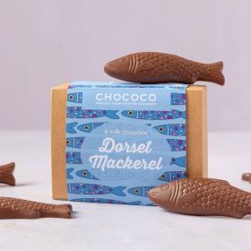 milk chocolate Dorset mackerel fish shapes by Chococo on kraft box 
