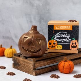 Milk chocolate novelty pumpkin shape by Chococo with mini spiders 