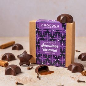 Speculoos  caramel chocolates in a star shape by Chococo with purple pattern snowflake  kraft Box  