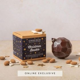 85% dark chocolate bauble by Chococo with cocoa beans inside 
