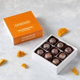 A box of 9 handcrafted Agave Honeycombe Chocolates, using 67% Madagascar origin dark chocolate stuffed with crunchy honeycombe pieces all proudly made in Dorset by Chococo  