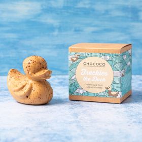 Freckles the gold caramelised white chocolate Chococo duck with dark chocolate speckles. Handmade in Dorset in Plastic-free packaging