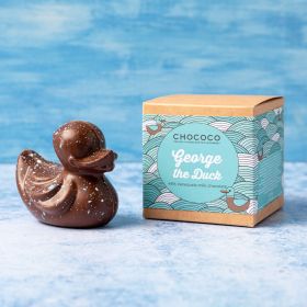 George milk  chocolate Chococo duck blue natural colur painted speckles. Handmade in Dorset in Plastic-free packaging
