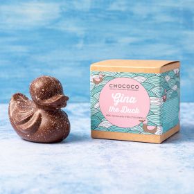 Gina milk chocolate Chococo duck with pink & white natural colour painted speckles. Handmade in Dorset in Plastic-free packaging