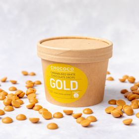 Gold Caramel White Chocolate Button Drops handmade by Chococo in Dorset in Brown Craft Plastic free packaging 