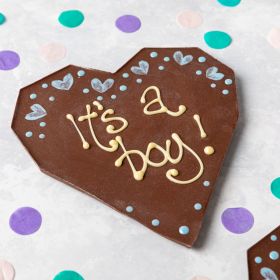 Large Milk Chocolate Heart Bar with 'It's a boy' written on by Chococo Chocolates proudly handcrafted in Dorset 