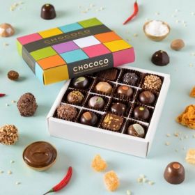 A Chococo chocolate box full of 16 fresh hand crafted chocolates 