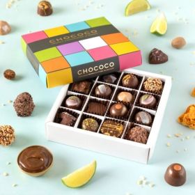 16 handcrafted fresh chocolates by chococo in a white box and colourful lid 