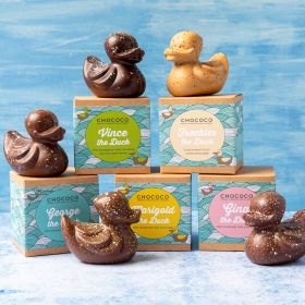 Freckles the gold caramelised white chocolate Chococo duck with dark chocolate speckles. Handmade in Dorset in Plastic-free packaging