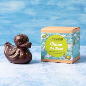 Vince Dark chocolate Chococo duck with white cocoa butter speckles. Handmade in Dorset in Plastic-free packaging