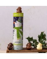 a tube of assorted milk, white and dark chocolate Christmas snowmen shapes hand crafted in Dorset by Chococo 