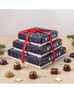 a small medium and large cascade of festive collection chocolates by chococo 