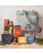 assorted chocolate Christmas canvas bag hamper by Chococo with handcrafted chocolates, fish, snowmen, lolly, bars, and slabs  