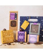 vegan festive giftbag hamper by Chococo with an array of handcrafted chocolates, dark chocolate selection of caramel stars, mackerel fish, robin bars and slabs 