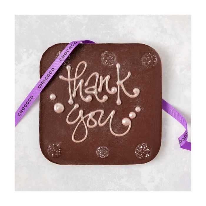 A Chococo  dark chocolate giant bar with a hand piped Thank you written on. Proudly handcrafted in Dorset 