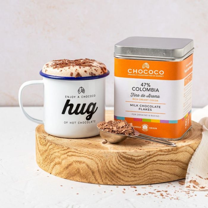 47% Colombia Milk Hot Chocolate Flakes Tin and Hug Mug Gift Set 