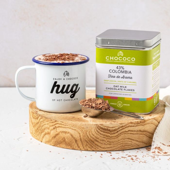 43% Colombia origin Oat M!lk Hot Chocolate Flakes Tin and Hug Mug Gift Set (vf)