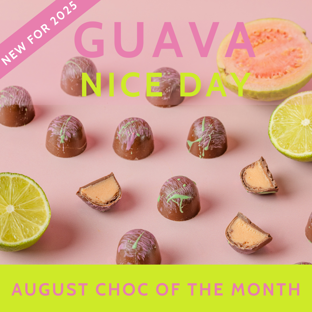 Guava Nice Day Chocolates on pink background with some cut open and lime and guava fruits around them