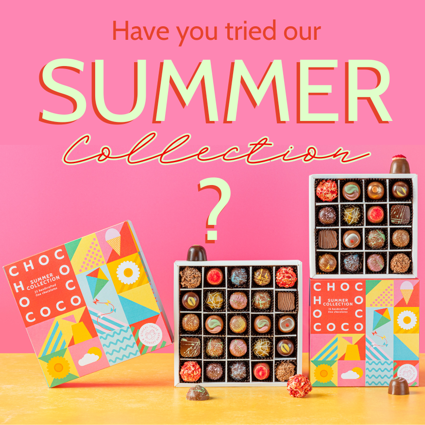 Shows the Chococo summer box in large and medium with a brightly coloured wrap and hand decorated chocolates inside 