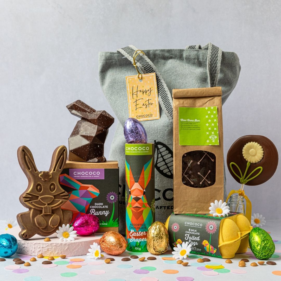 A plastic-free Easter Hamper filled with chocolate gifts for the whole family
