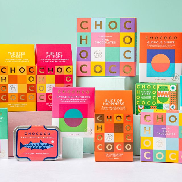 Chococo chocolate group shot of new products and packaging