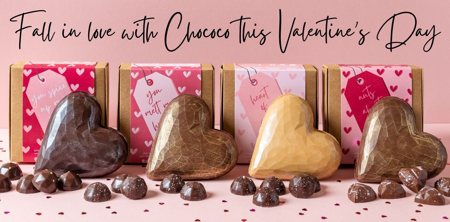 Chococo's Valentine's Range including chocolate heart boxes filled with handcrafted chocolates