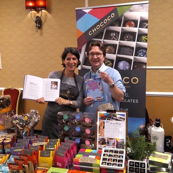 Andrew Baker, author & Claire Burnet with the chapter on Chococo at the Brighton Chocolate Festival 2019