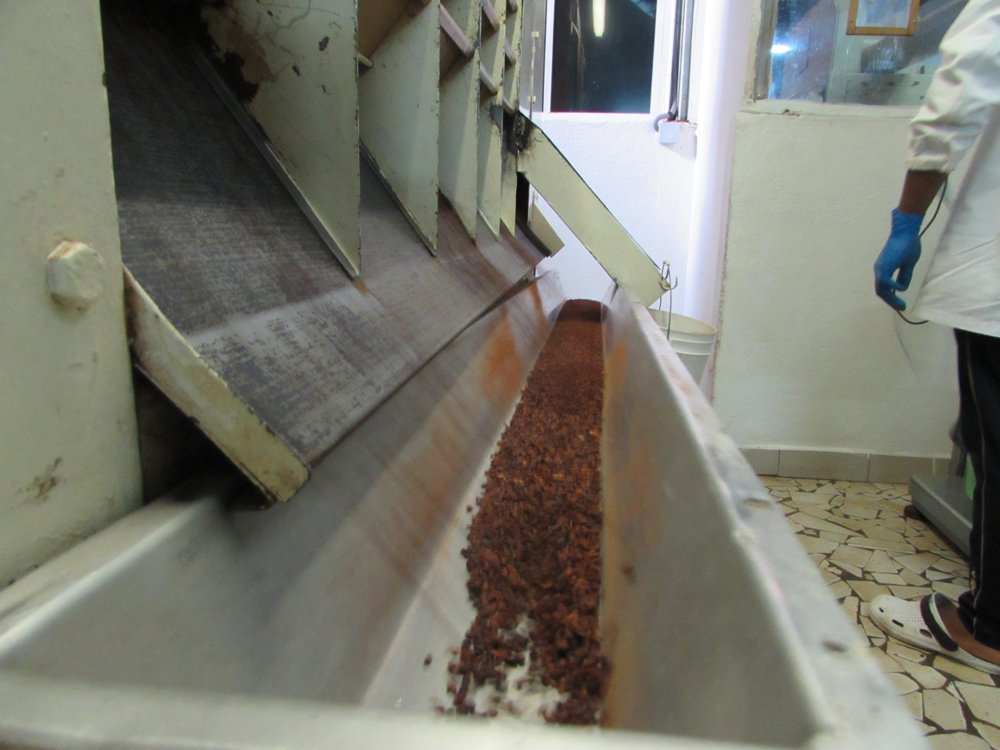 roasted cocoa nibs at Robert chocolate factory madagascar