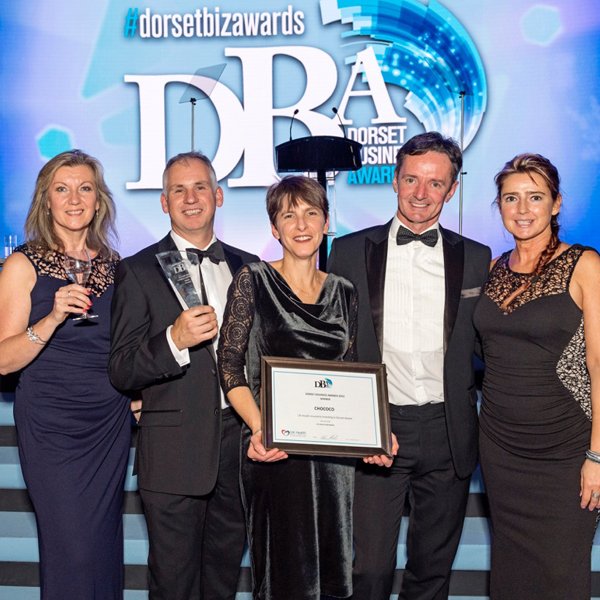 Claire & Andy Burnet of Chococo with the sponsors of the Investing in Dorset Award, UK Health Insurance
