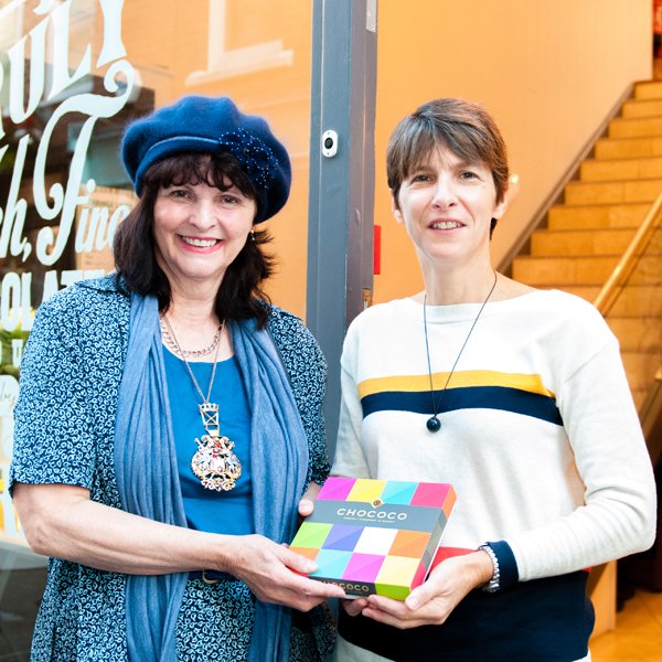 Chococo co-founder Claire Burnet with the Lord Mayor of Exeter outside the new Chococo Exeter chocolate house