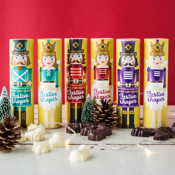 tubes of festive chocolate shapes handmade by Chococo